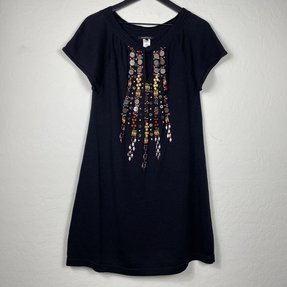 Nanette Lepore Beaded Silk Linen Knit Black Dress | Size Large